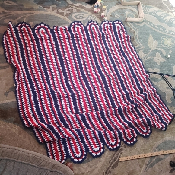 Handmade Afghan Throw Blanket Striped Red White Blue‎ 5ftx6ft - Picture 3 of 5